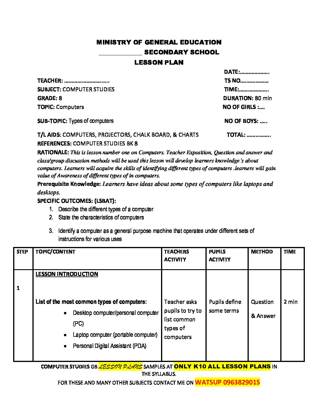 LESSON PLANS COMPUTER STUDIES G8 SAMPLES The Teachers VILLAGE   LESSON PLANS COMPUTER STUDIES G8 SAMPLES Pdf 